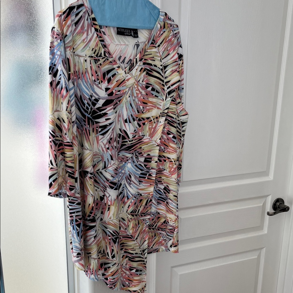 Attitudes by Renee Colorful Leaf Print V-Neck Blouse